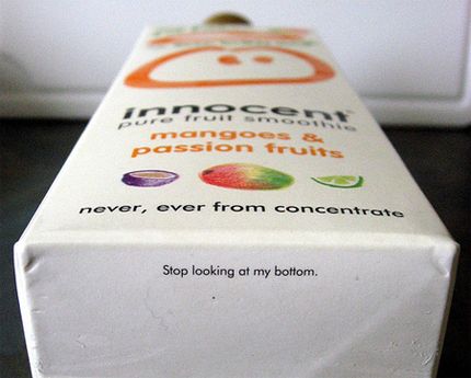 Innocent Smoothie Packaging 'stop looking at my bottom' - example of delightful user experience